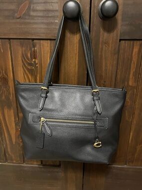 Coach Black Leather Tote with Gold Accents